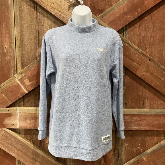 PINK Victoria’s Secret Fleece Sweatshirt XS  Blue Mock Neck Silver Dog Comfy - Picture 1 of 12